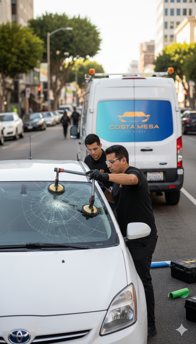 Costa Mesa Car Glass — Mobile auto glass service technician on-site